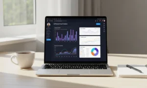 Laptop with data charts, coffee, notebook