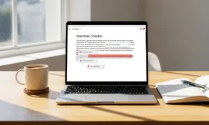 Laptop with grammar checker, coffee, notebook