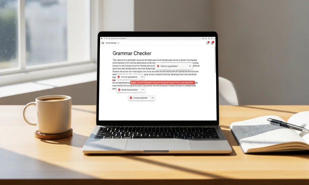 Laptop with grammar checker, coffee, notebook