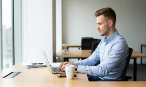 Man in blue shirt typing on laptop at desk