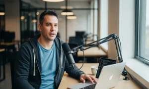 Man in hoodie podcasting with laptop
