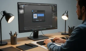 man using ai assistant on computer at desk
