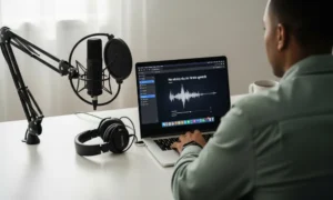 Person editing audio on laptop with microphone
