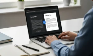 Person typing on laptop comparing HumanGPT vs AI Writing Tool