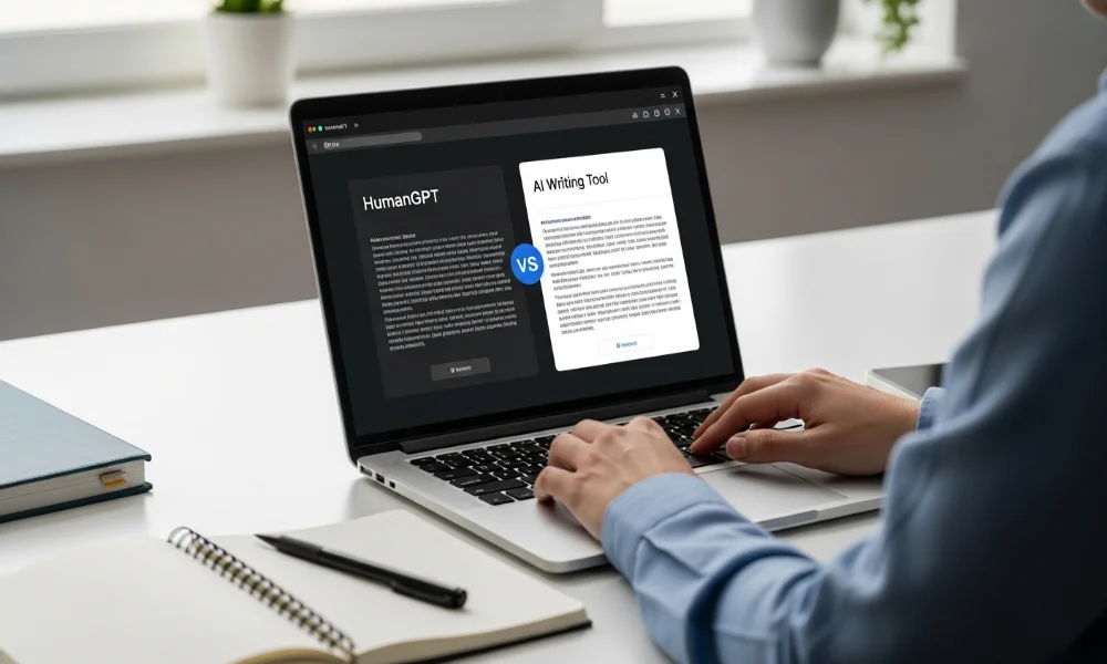 Person typing on laptop comparing HumanGPT vs AI Writing Tool