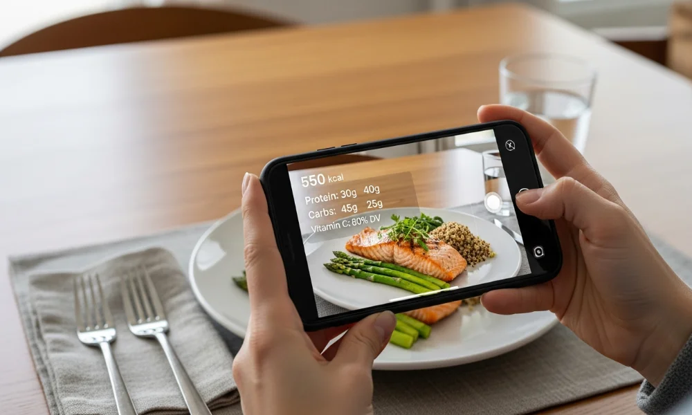 Phone displaying food nutrition facts over salmon meal