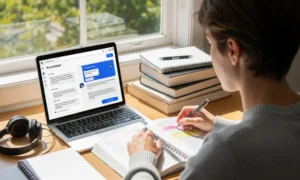 Student studying with AI assistant on laptop