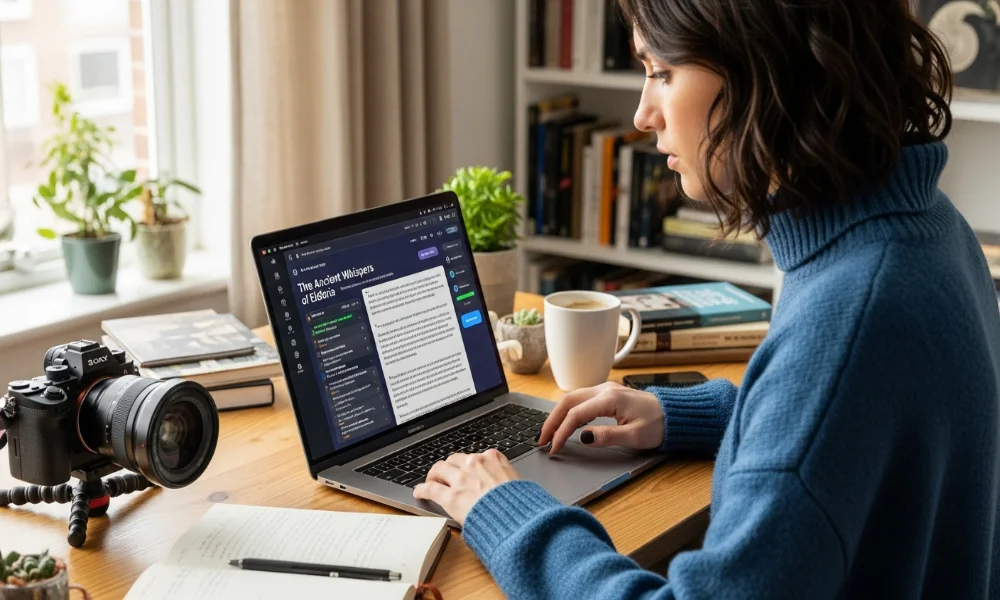 Woman typing on laptop with camera nearby