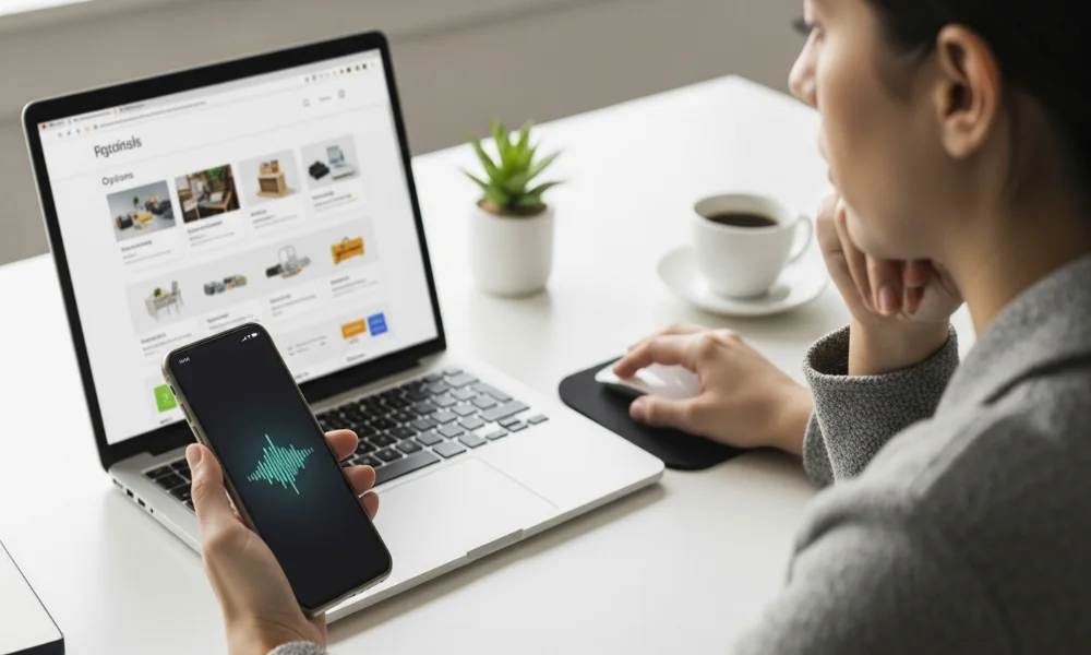 Woman using laptop and phone with voice assistant