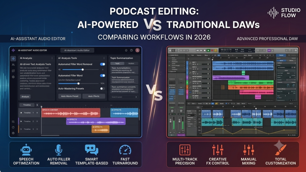 AI-powered podcast editing tools vs traditional DAWs