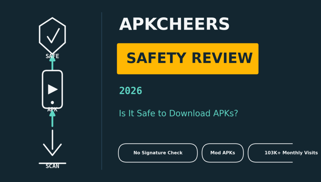 APKCheers safety review 2026 featured image showing shield, APK, and download icons with security warning theme