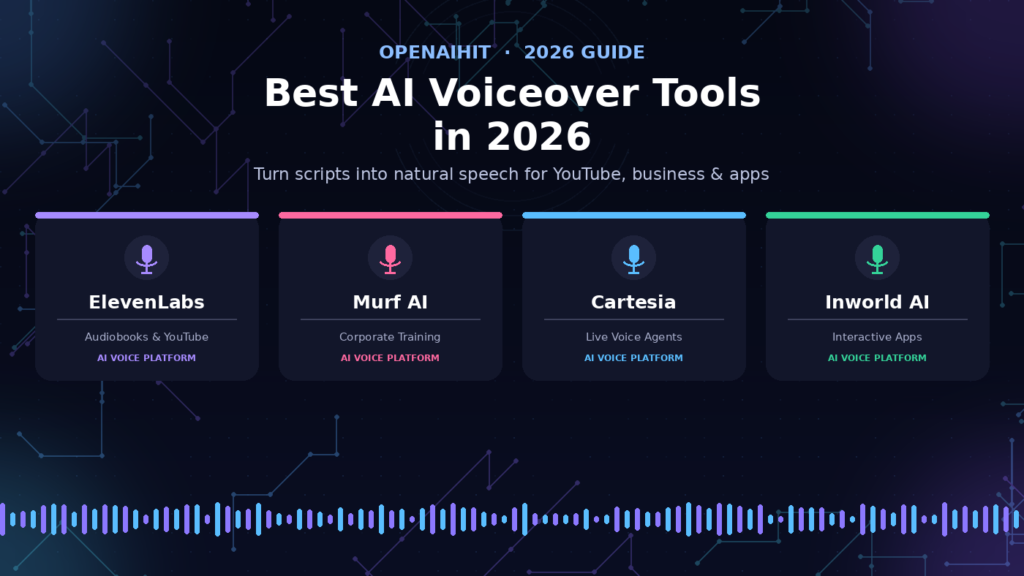 Best AI voiceover tools 2026 featuring ElevenLabs, Murf AI, Cartesia, and Inworld AI on a dark AI-themed background