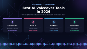 Best AI voiceover tools 2026 featuring ElevenLabs, Murf AI, Cartesia, and Inworld AI on a dark AI-themed background