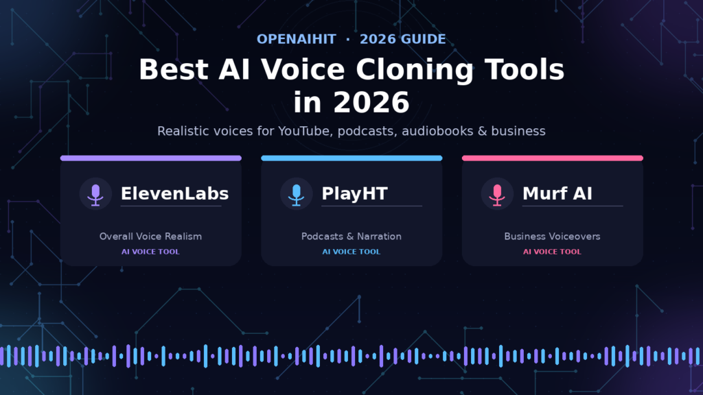 Best AI voice cloning tools 2026 comparison featuring ElevenLabs, PlayHT, and Murf AI on a dark AI-themed background
