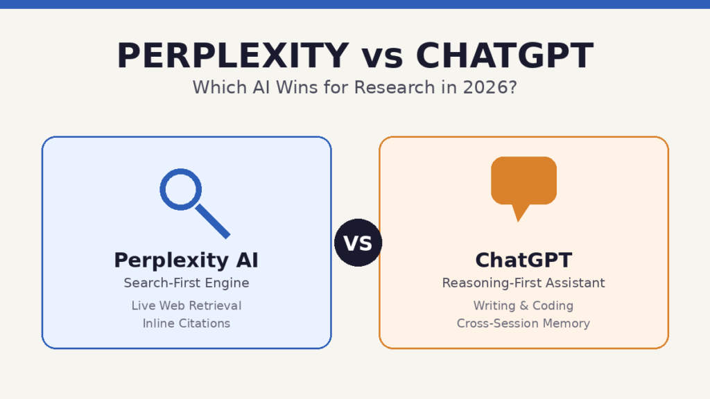 Perplexity AI vs ChatGPT comparison showing search-first magnifying glass icon versus reasoning-first chat bubble icon