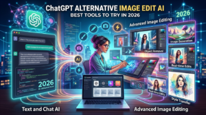 A high-tech visualization comparing ChatGPT with advanced AI image editing tools for 2026. Features a creator working on a laptop surrounded by digital screens showcasing image generation, object removal, and real-time edits.