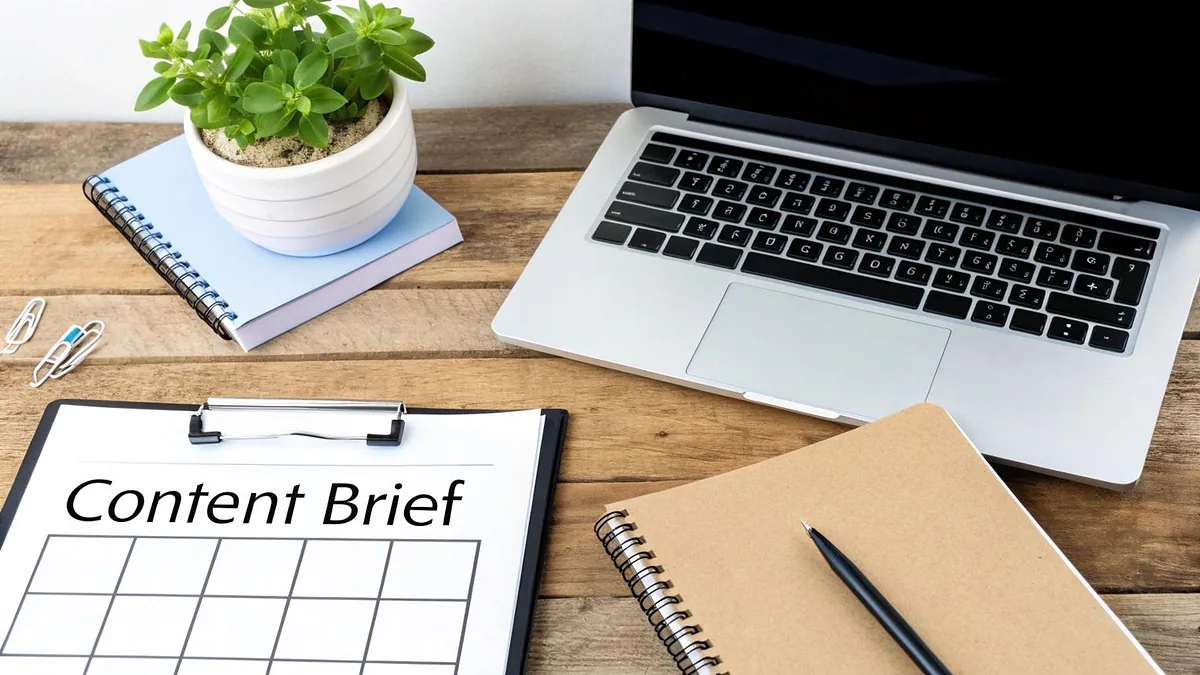 Laptop displaying a content brief template beside a notebook, illustrating Claude content brief prompts workflow