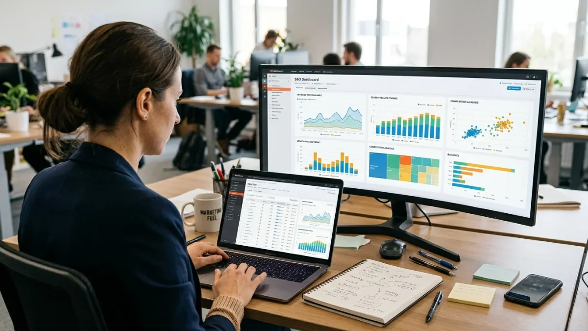 SEO content strategist working on a laptop and reviewing an SEO performance dashboard