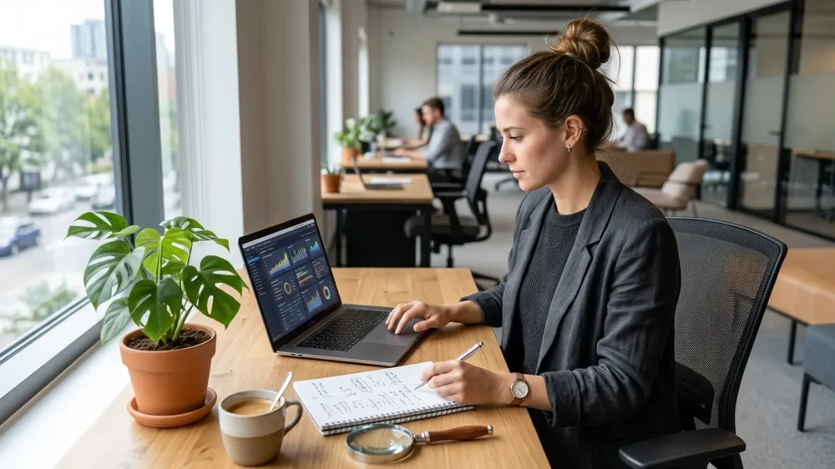 SEO strategist analyzing competitor metrics and data on a laptop desk setup.