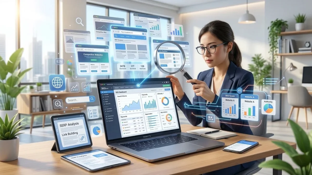 Digital dashboard showing competitor analysis metrics, SERP data, and SEO charts used for finding content gaps.