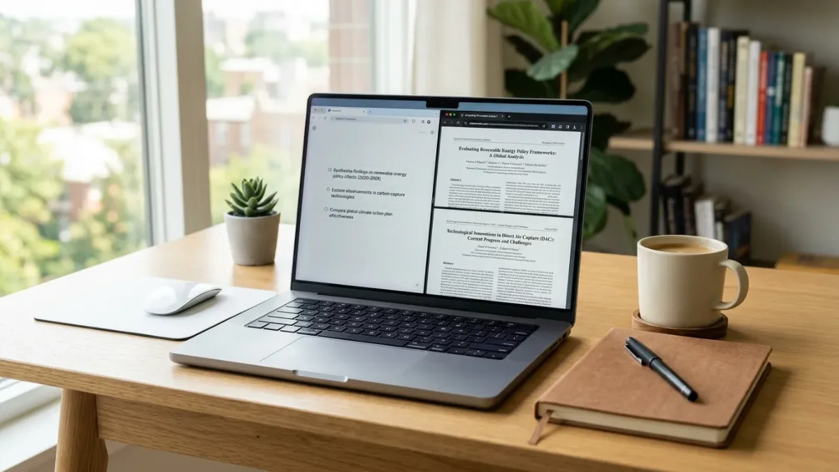 Laptop on desk displaying research documents and articles