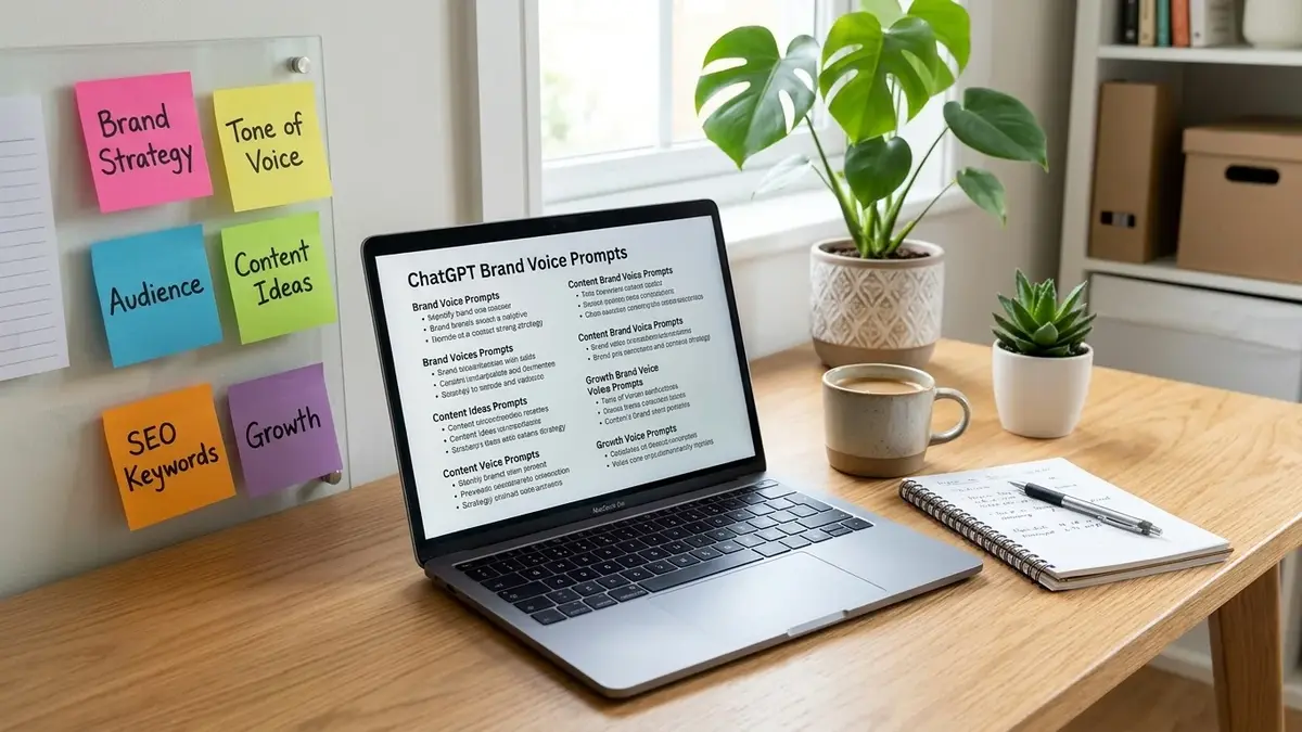 Laptop displaying “ChatGPT Brand Voice Prompts” on a wooden desk with strategy sticky notes, coffee, and a potted plant.
