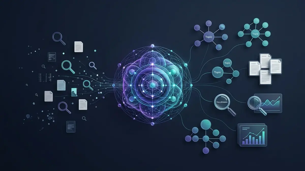AI data processing connecting keywords to SEO topic clusters.