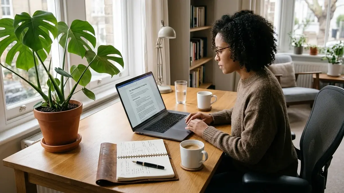 SEO content creator writing a blog post on a laptop in a bright home office.