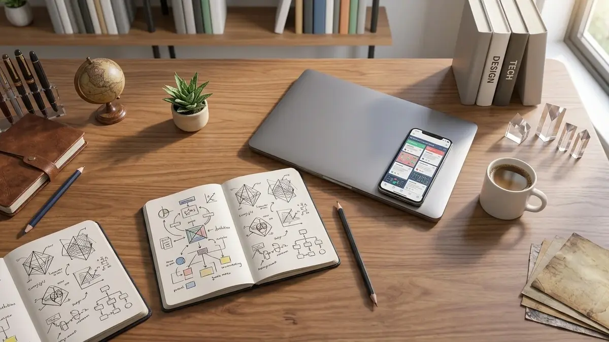 Top-down flat lay workspace showing blog repurposing prompts and content strategy on a mobile screen.